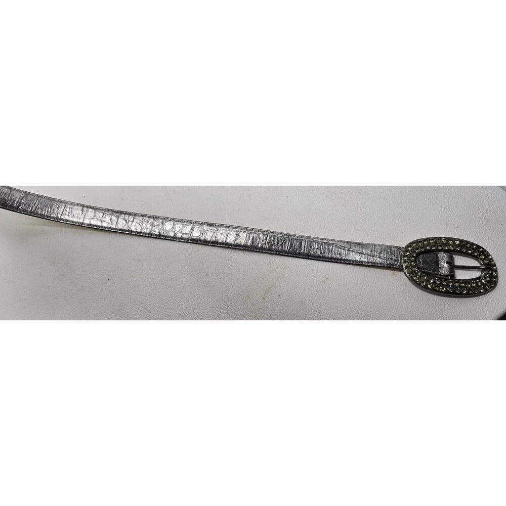LeatherRock Metallic Silver Leather Belt Rhinestone Buckle Croc Embossed Sz 36” - Picture 7 of 13